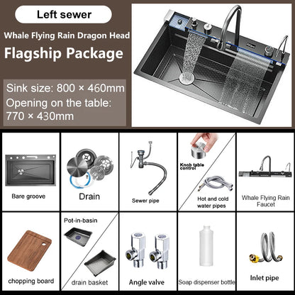 RVS Wastafel – Keukenbak – Spoelbak – Aanrechtspoelbak – Kunststofbak – Waterval Kraan – Digitaal Display – Opbouw – 80x46x22 CM – Roestvrij Staal – Grote Enkelvoudige Kom – Geborstelde Afwerking