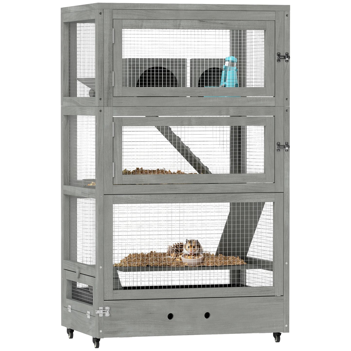 Hamsterkooi – Knaagdierkooi – Houten Kooi – Kleine Dieren Kooi – Vier Verdiepingen – Zandbak 9,5 Cm – Wieltjes Met Remmen - 65 x 45 x 109 cm - Grijs - QUORE
