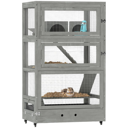 Hamsterkooi – Knaagdierkooi – Houten Kooi – Kleine Dieren Kooi – Vier Verdiepingen – Zandbak 9,5 Cm – Wieltjes Met Remmen - 65 x 45 x 109 cm - Grijs - QUORE