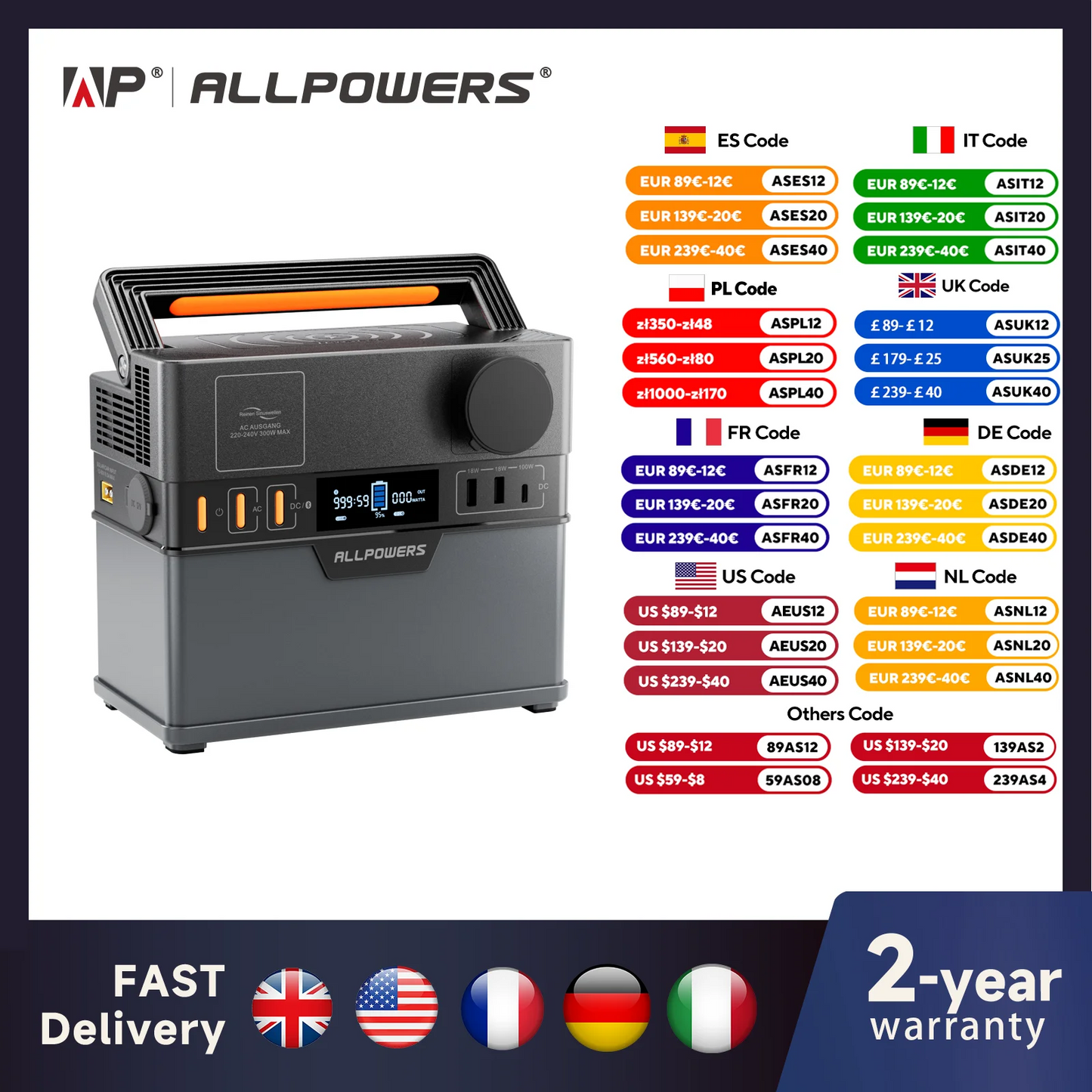 ALLPOWERS Portable Power Station 300W (Peak 500W), 288Wh Backup Battery Power Supply with Pure Sine Wave 110V / 220V AC Outlets - QUORE