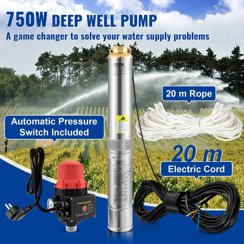 Vevor - Sewage pump - Submersible pump - Clean water pump - Deep well submersible pump - Water pump - 750W 105L/min - Switch - Stainless steel - Large flow rate - Silver