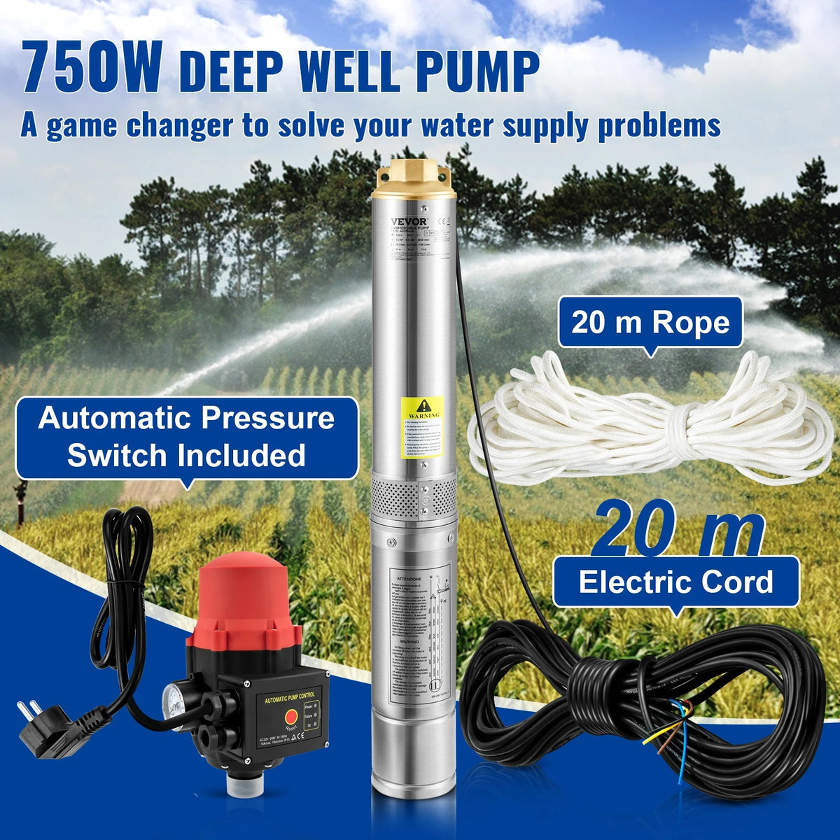Rioolpomp - Dompelpomp - Schoonwaterpomp - Diepe Bron Dompelpomp - Waterpomp - 370W - Bedieningskast - Roestvrij Staal - Groot debiet - Zilver