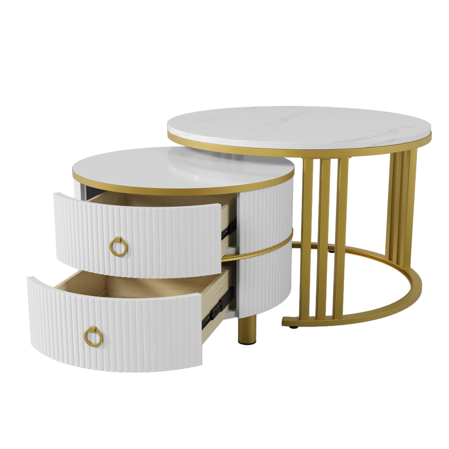 Salontafel – Koffietafel – Bijzettafel – Woonkamertafel – Rond – Set Van 2 – Met 2 Lades – MDF & Vurenhout – Groot 70x70x46 cm & Klein 50x50x40 cm