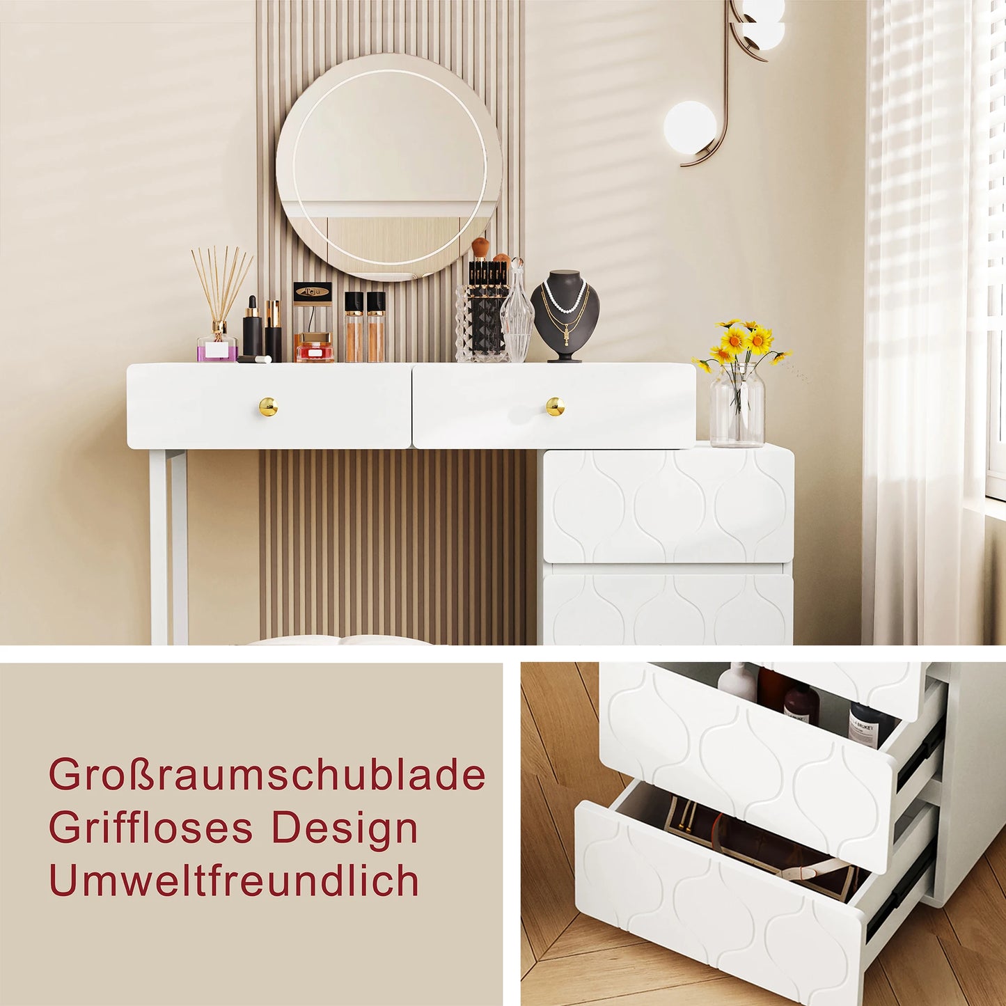 Kaptafel – Make-uptafel – Schminktisch – Dressing Table – Vanity Table – Verwisselbare Zijkanten en Poten – Vijf Ruime Laden – Compact 90x40x73,5 cm