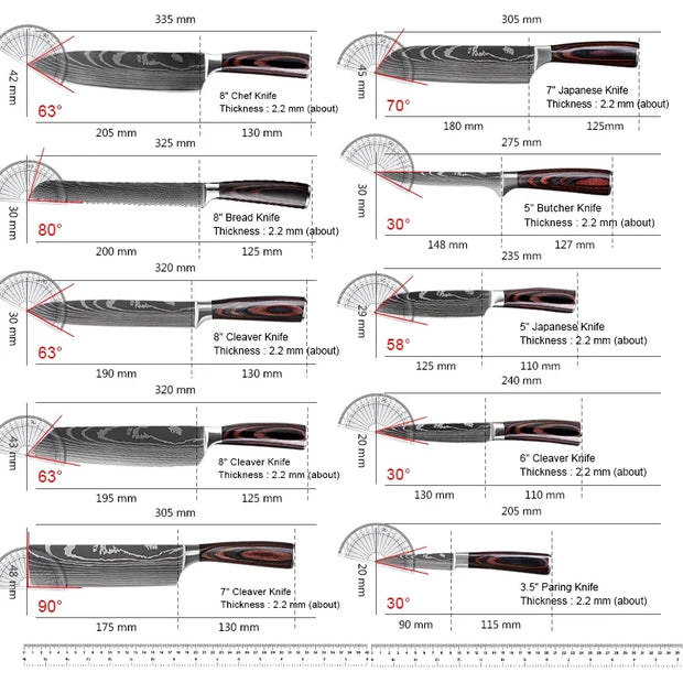Keukenmessen - Knife set - Chef Knife - Knives - Kitchen Knife - Japans Damascus-patroon - Chef-Koksmessenset - Roestvrij Staal - Ultrascherp Lemmet - Messen voor het Cadeau van de Chef-Kok - Met blauwe handgreep