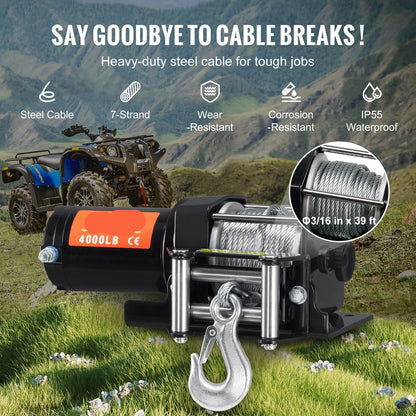 Elektrische Lier - Takel - Winch - Trekkracht van 4000lbs – Stalen Kabel – Draadloze & Bedrade Bediening – Waterdicht – Geschikt voor ATV, UTV & Off-Road Voertuigen