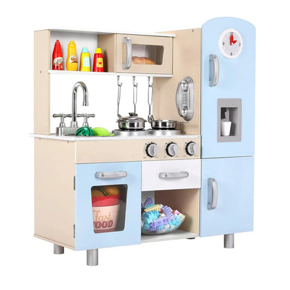 Speelkeuken - Speelgoedkeuken - Keukenset - met Casten - RVS Pot - Keukengerei - voor 3-6 jaar - Peuters - Solide Structuur - Oneindige Verbeelding - Educatieve Waarde - Leuke Interactie - Hout - 74 x 29 x 81.5 cm - Blauw