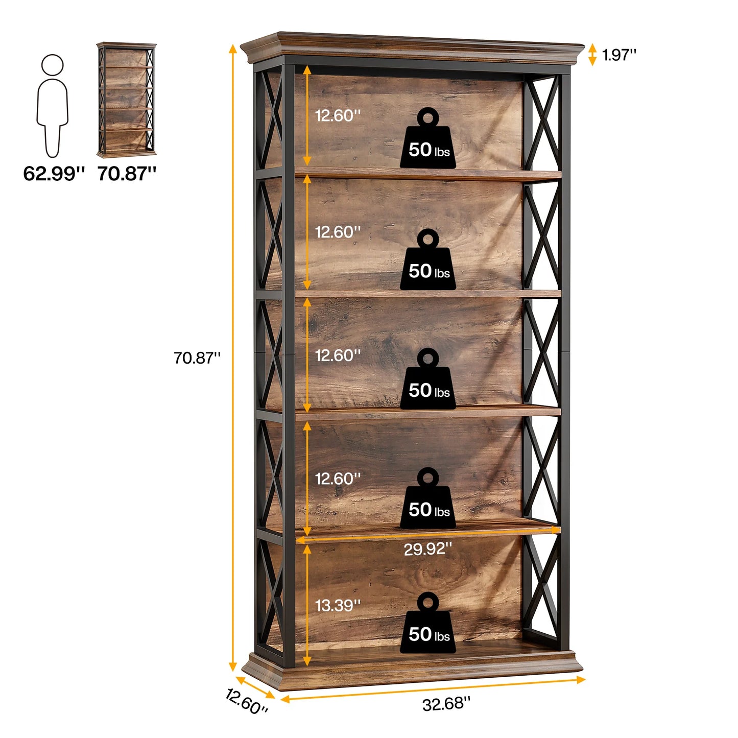 Tribesigns 6-Tier Bookcase, 71 Inches Industrial Bookshelves and Bookcases, Floor Standing 5 Shelf Display Storage Shelves - QUORE