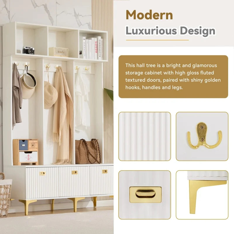 Halmeubel – Garderobekast – Schoenenkast – Opbergmeubel – Entree Meubel – Hoogglans Wit – Gouden Accenten