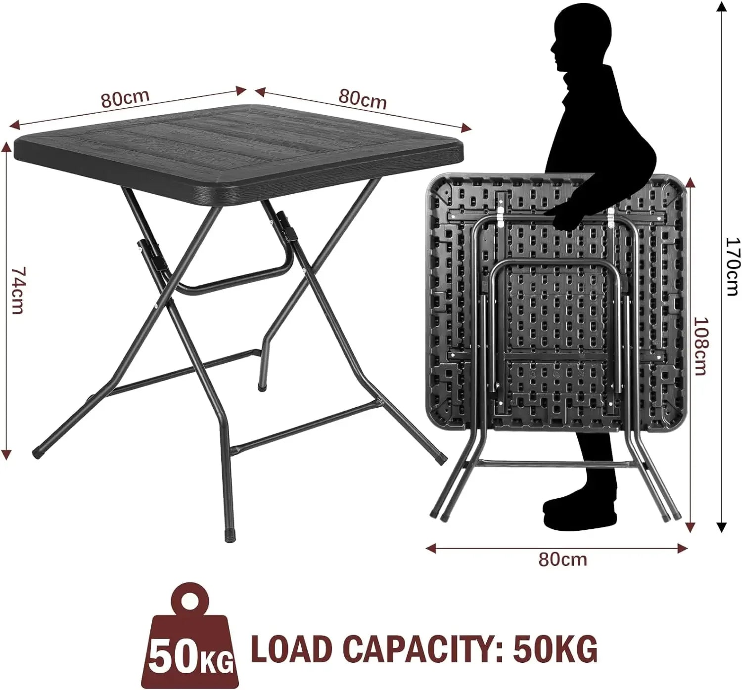 Tuintafel - Tafel - Balkontafel - Picknicktafel - 80×80×74 cm - Waterdichte - Opvouwbare -  Stalen Frame en Verstevigd HDPE Blad - QUORE