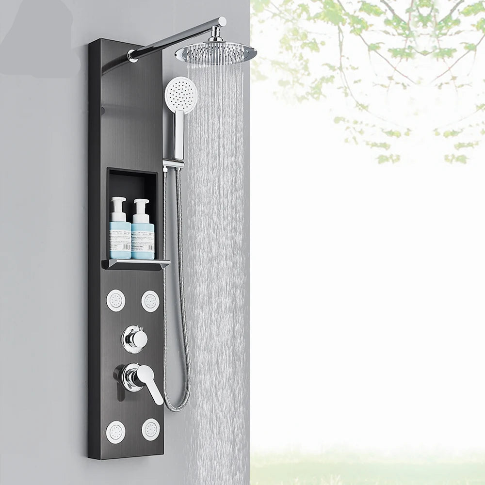 Douche - Regendouche - Douchewand - Douchekolom - Douchepanelen - Douchezuil met Opbergrek - Regendouche - Massagejets - Dubbele Handgreep - Zwart - QUORE
