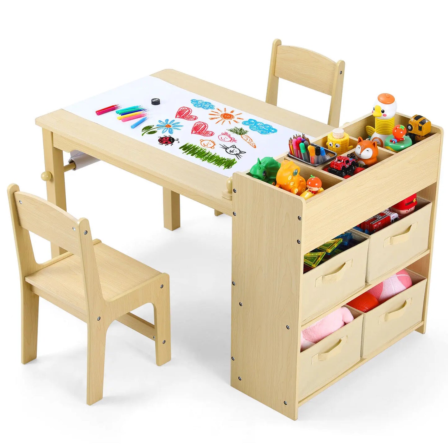 Multifunctionele Kindertafel met Stoelen – Kinderbureau met Ruime Opbergruimte & Papierrolhouder – Perfect om te Tekenen, Spelen en Leren