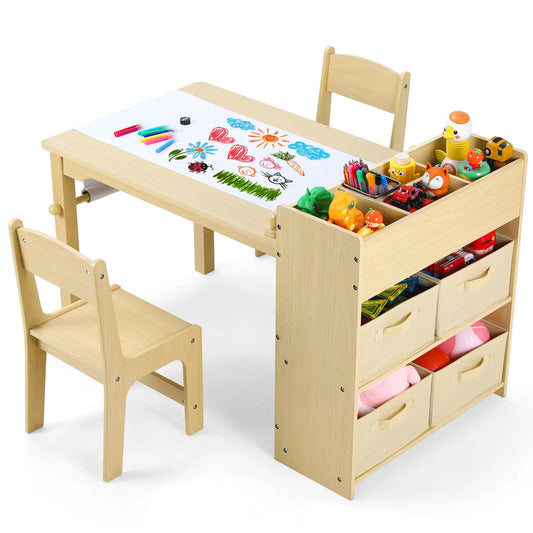 Multifunctionele Kindertafel met Stoelen – Kinderbureau met Ruime Opbergruimte & Papierrolhouder – Perfect om te Tekenen, Spelen en Leren