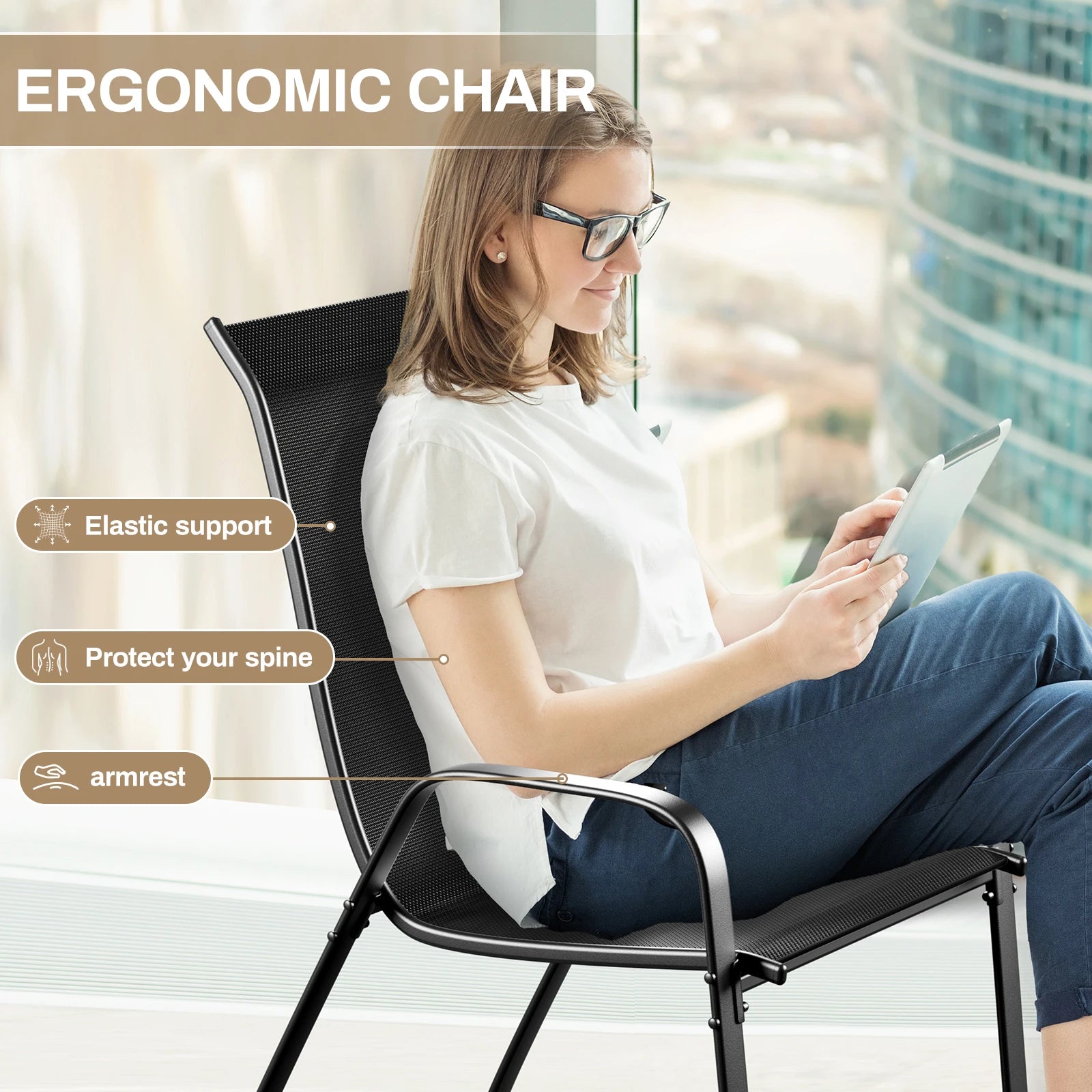 Tuinstoelen – Buitenstoelen – Terrasstoelen – Stapelbare Stoelen – Staal-IJzer Frame – Ademend Teslin Materiaal - QUORE