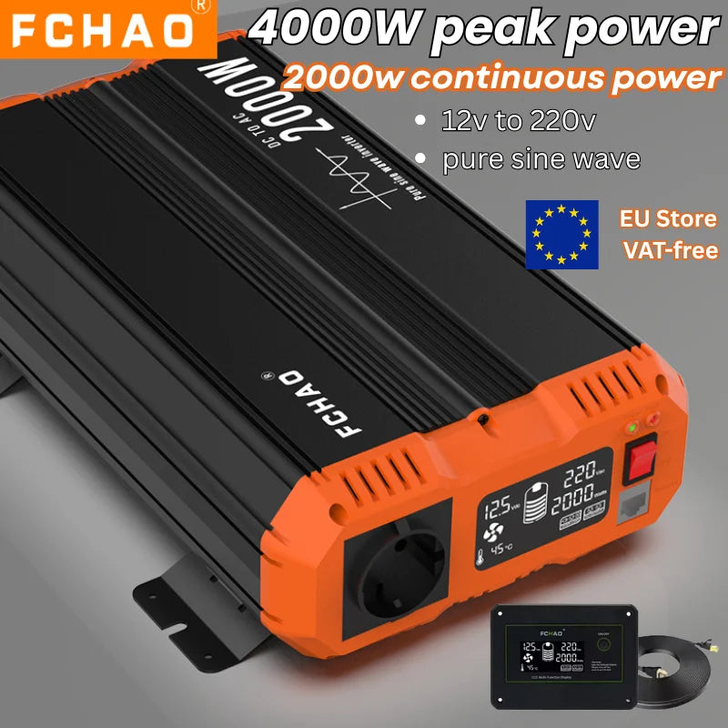 Zuivere Sinusgolf Omvormer – Power Inverter – Stroomomzetter – DC naar AC Converter – 2000W Omvormer – Pure Sinusgolf – Afstandsbediening – Aluminium Behuizing – Overbelastingbescherming - QUORE