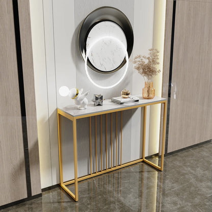 Tafel - Consoletafel - Haltafel - Moderne & Minimalistisch Consoletafel – Marmeren Look – Smalle Haltafel met Gouden Metaal Frame – Luxe Bijzettafel - voor Woonkamer - Gang - Entree - 100x30x78.5cm - Wit - QUORE