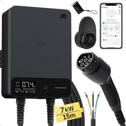 Wallbox Laadpaal – EV Oplaadpunt – Elektrische Auto Lader – Type 2 Laadstation – 7,4 kW Instelbaar Vermogen – 15m Kabel Met RCD Type B Veiligheid
