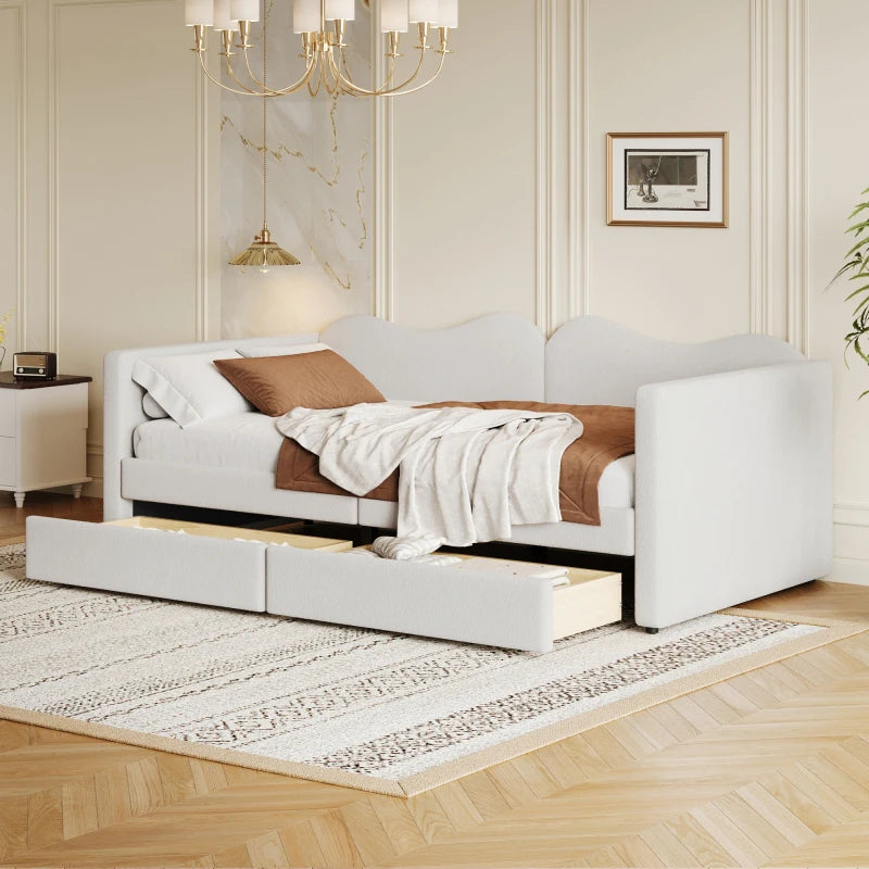 Kinderbed - Slaapbank met 2-laden - Teddybeerbedframe - Multifunctioneel Zacht -  Bed Met Rugleuning en Armleuningen -  90*200 cm -Wi t- (Ween matras)