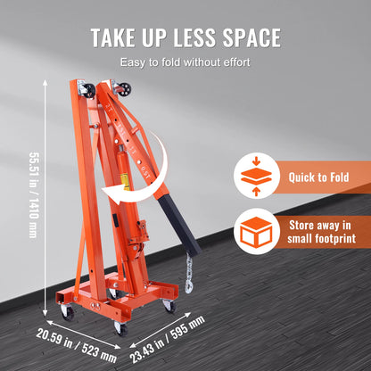 VEVOR Hydraulic Engine Hoist with Lever 2 Ton/4400 LBS Foldable Engine Crane and Engine Hoist Leveler for Auto Repair, Loading