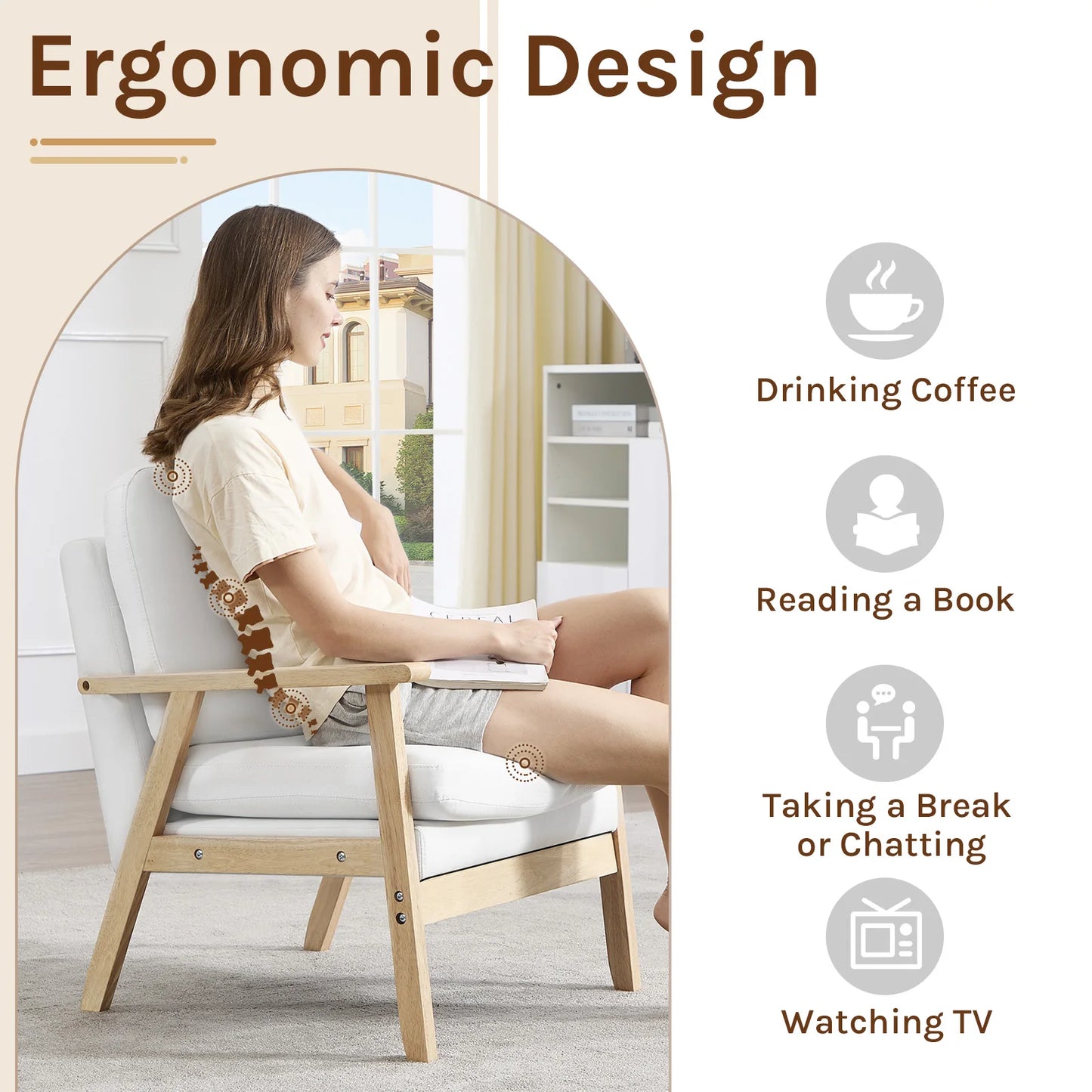 Ligstoel - Tuinstoel - Lounge Fauteuil - Tuinmeubel - Ligstoelen Buiten - Binnen - met Kussen - voor Woonkamer - Slaapkamer - Thuis - Scandinavische Stijl - Sterk - Duurzam - Linnen & Massief Hout - 66.5 x 64 x 81.5 cm - Wit