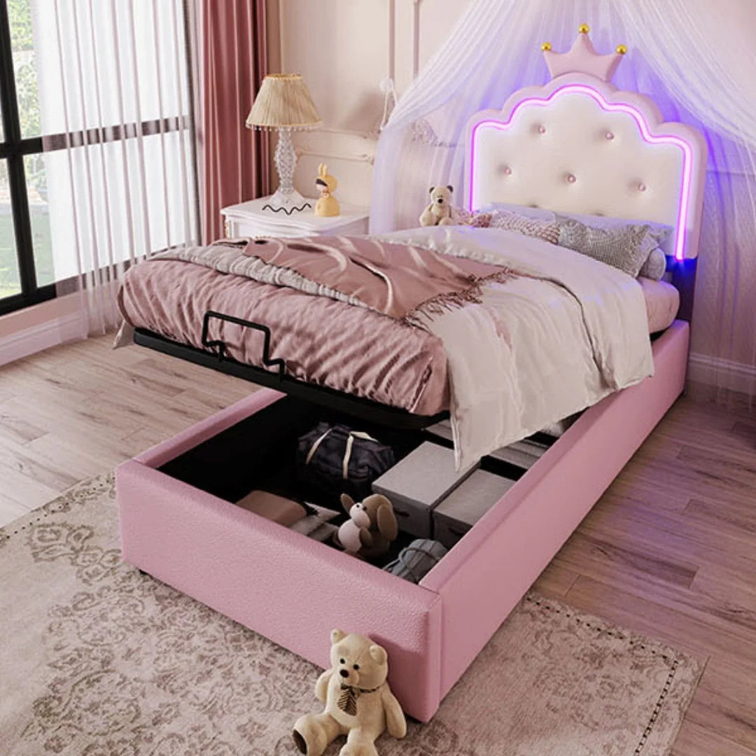 Bedframe 90x200 CM – Kinderbed – Opbergbed – Slaapbank – Led Verlichting – Zacht Roze PU Materiaal – Hydraulische Opbergruimte – Inclusief Lattenbodem – Afstandsbediening Ambient Lighting