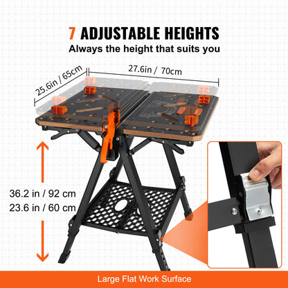 Inklapbare Werkbank – Multifunctionele Werktafel – Opvouwbare Werkbank – Draagbare Werktafel – 7 Verstelbare Hoogtes – 454 Kg Draagvermogen -  70x65 cm