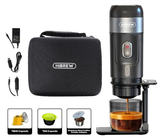 HiBREW draagbare elektrische espressomachine - stijlvol en solide - verwarmt water - capsules & gemalen koffie - 15 bar - draagbare koffiemachine - reis & camping koffiezetapparaat 12 volt - QUORE
