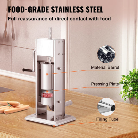 Sausage Filler - Sausage Maker - Manual Sausage Filler - Sausage Filling Machine - 5L - Stainless Steel - with 4 filling funnels