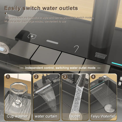 Stainless Steel Kitchen Sink WIth Waterfall Faucet Integrated Digital Display Embossed Washing Basin For Kitchen