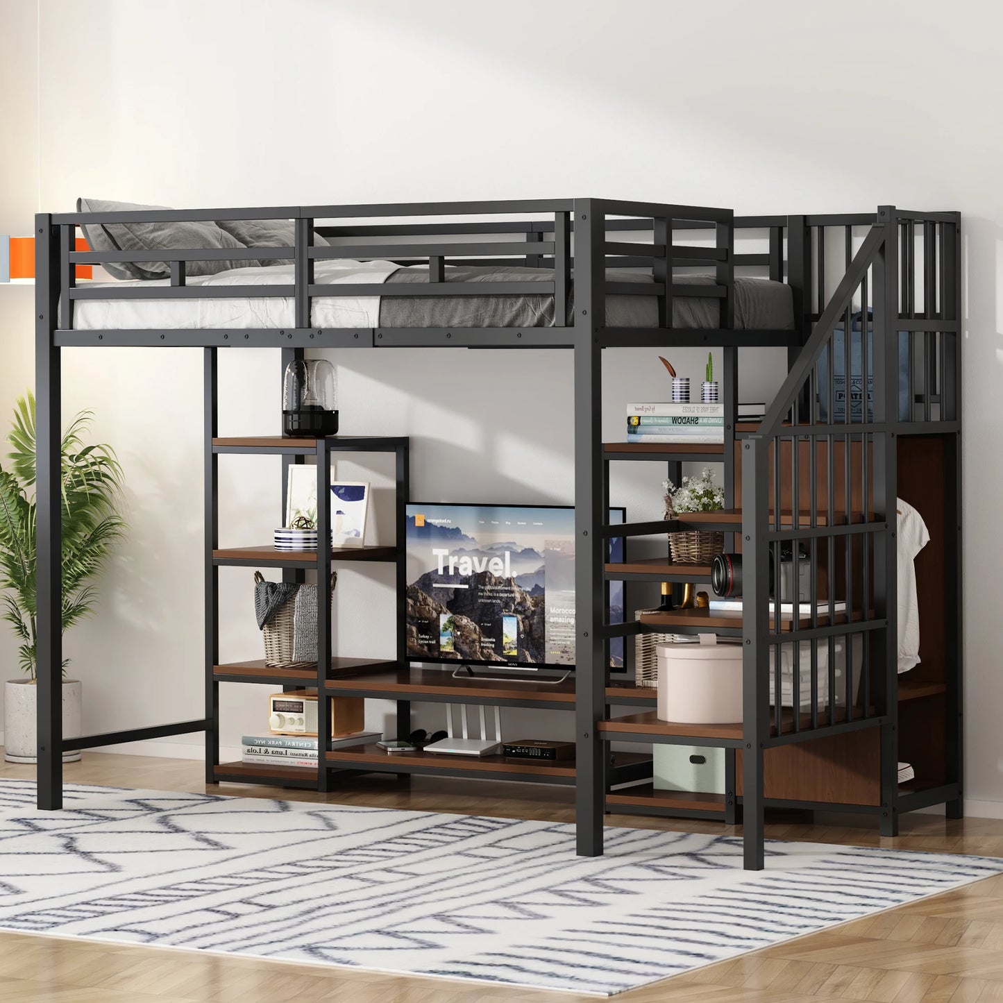 Kinder-Hoogslaper – Stapelbed – Halfhoogslaper – Kinderbed – Hoogslaper – 90x200 CM Zonder Matras – Met Tv-Standaard – Ingebouwde Stopcontacten