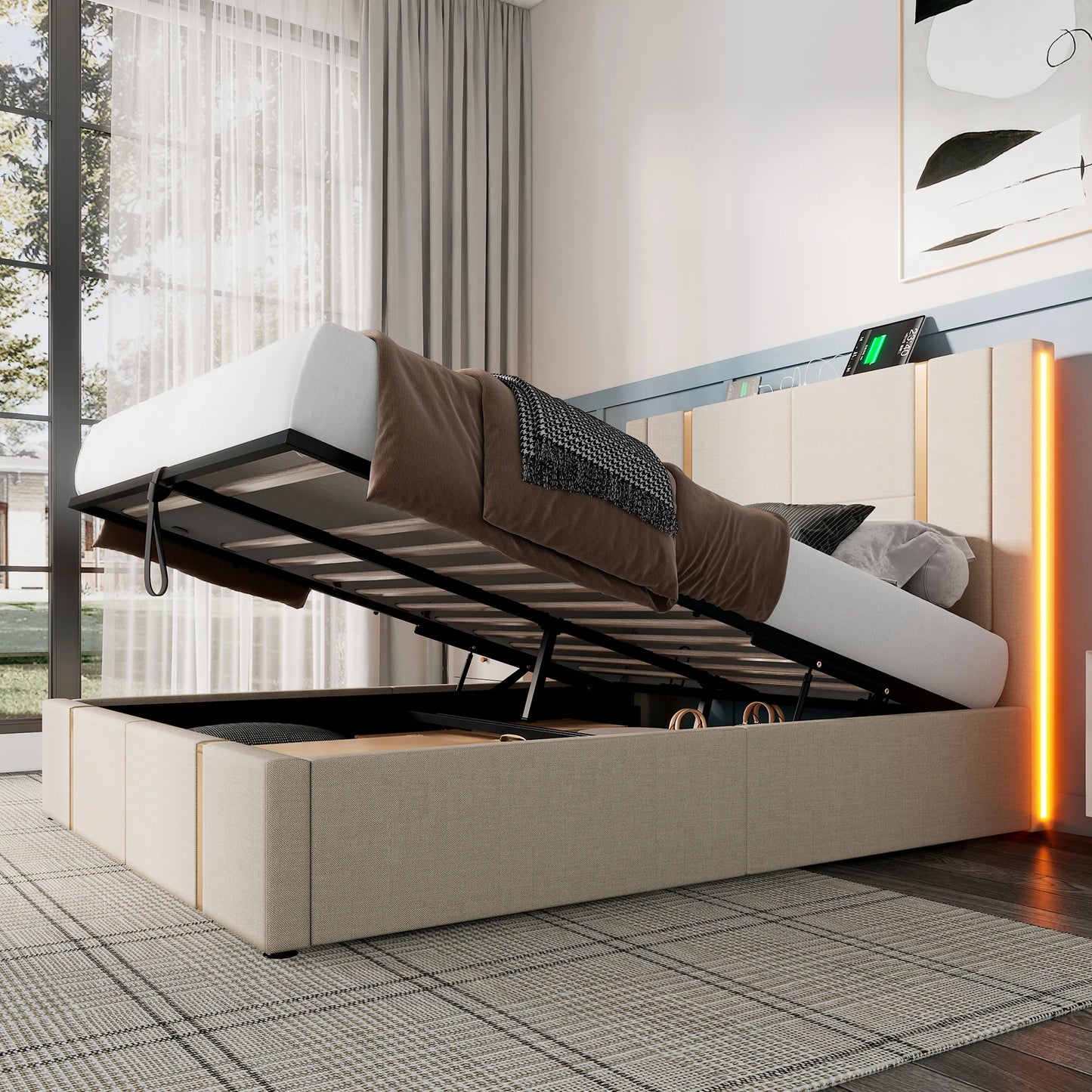 KOMHTOM Double bed USB Type C charging function APP control LED storage bed rack linen material without mattress - QUORE