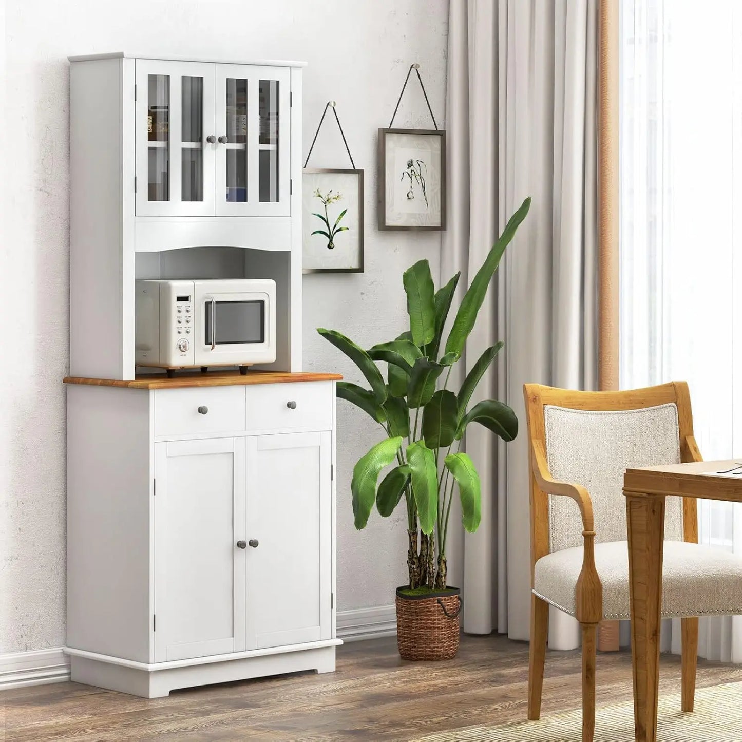 Keukenkast hoog - 170 cm buffetkast hout - hoge kast met 2 laden & verstelbare planken & glazen deuren & draadgat - keukenbuffet vrijstaand - buffet voor keuken eetkamer - wit - QUORE
