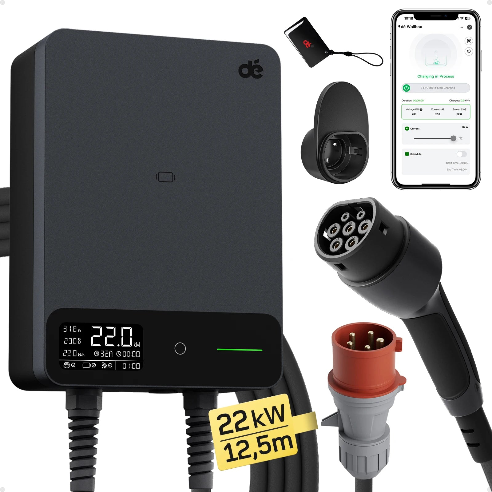 Wallbox 22kW – Laadstation – EV Lader – Oplaadpunt – Elektrische Auto Oplader – 12,5 Meter Type 2 Kabel – Snelladen 32A 3-Fase – App Bediening - QUORE