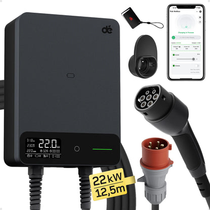 Wallbox 22kW – Laadstation – EV Lader – Oplaadpunt – Elektrische Auto Oplader – 12,5 Meter Type 2 Kabel – Snelladen 32A 3-Fase – App Bediening - QUORE