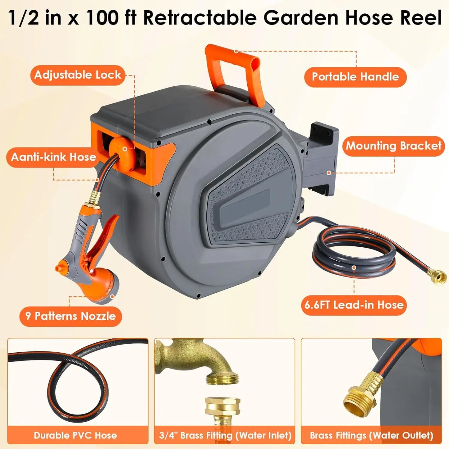 Tuinslanghaspel - Haspel - Sproeikop Tuinslang - Automatische - 30+2M - Haspel Tuinslang - Inklapbare Slanghaspel - met Wandbevestiging en 9-Standen Spuitmond