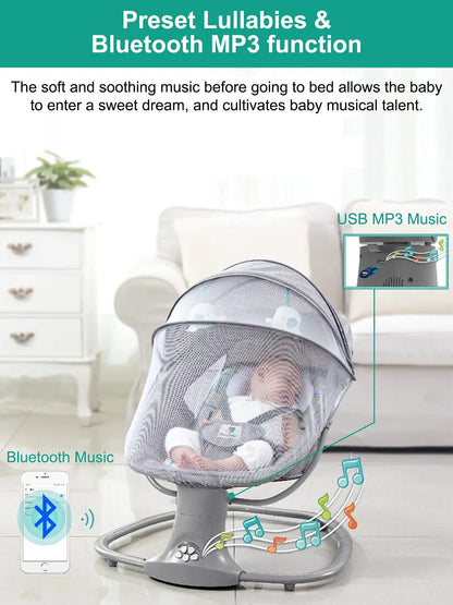 Babywieg - Elektrische Wipstoel - Babybedje - Wipstoel  - Elektrische Schommelstoel  - Babyschommel- Baby Swing - Kinderstoel - voor Pasgeborenen – Op Afstand Bestuurbaar - Bluetooth Muziek - Comfortabele Zachte Schommelstoel voor Baby’s - Grijs - QUORE