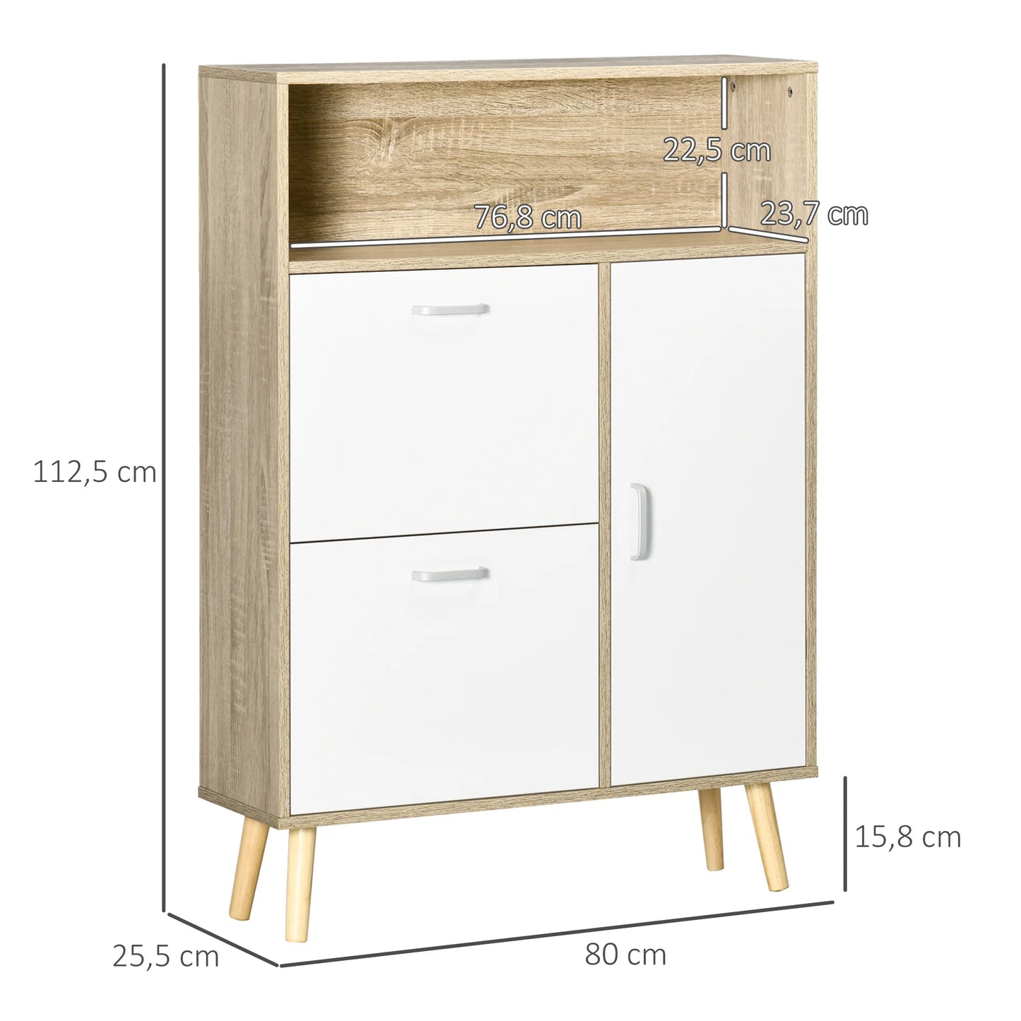 Schoenenkast – Schoenenrek – Schoenenopberger – Schoenenmeubel – Opbergruimte Voor 8 Paar – Verstelbare Lades - 80 x 25.5 x 112.5 cm - Wit & Natuurlijk Hout - QUORE