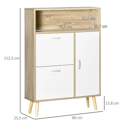 Schoenenkast – Schoenenrek – Schoenenopberger – Schoenenmeubel – Opbergruimte Voor 8 Paar – Verstelbare Lades - 80 x 25.5 x 112.5 cm - Wit & Natuurlijk Hout - QUORE