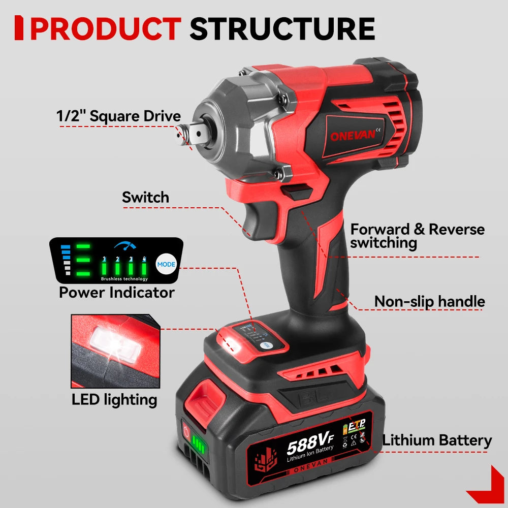 ONEVAN 21V Brushless Electric Impact Wrench 1200 N.m DTW500 Cordless Wrench Electric Screwdriver Power Tool For Makita Battery