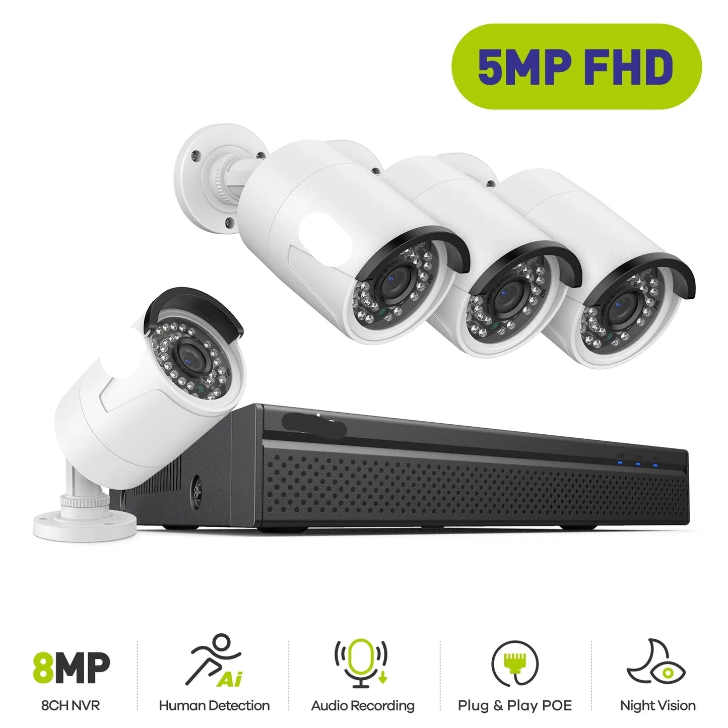 Beveiligingscamerasysteem - Camerabewaking - Beveiligingscamera - POE Camera Kit - 8CH NVR - 4 Camera's - Nachtzicht - Waterdicht - Audio & Bewegingsdetectie - 4K HDMI Output - Binnen en Buiten - Ingebouwde HDD: 2T