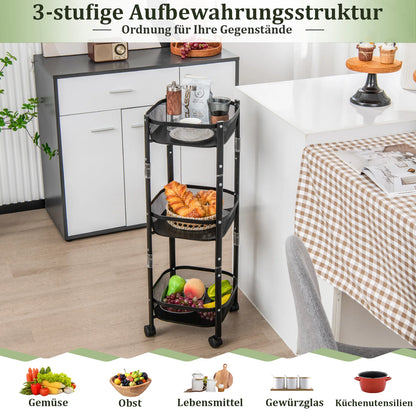 Opvouwbare 3-laagse Keuken- en Badkamer Trolley – Multifunctionele Opslagkar met Gaasmanden – Rijdende Organizer voor Keuken, Woonkamer, Slaapkamer, Babykamer – Zwart