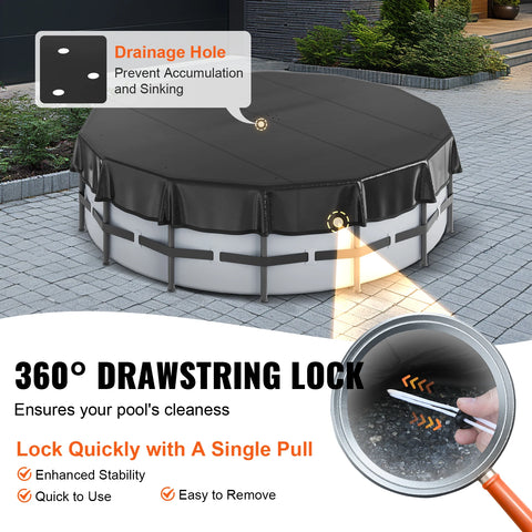 Zwembadafdekking - Zwembad - Zwembadafdekking Rond - Zonneafdekking - voor bovengrondse zwembaden - met koorddesign PVC Zwart - 15ft Oxford doek
