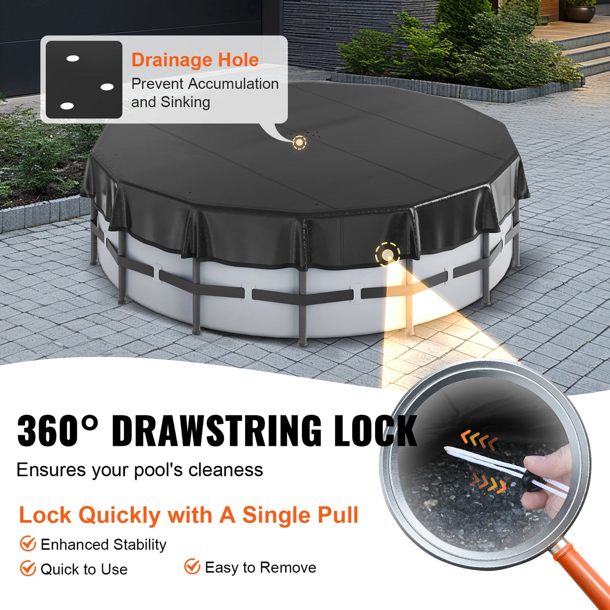 Zwembadafdekking - Zwembad - Zwembadafdekking Rond - Zonneafdekking - voor bovengrondse zwembaden - met koorddesign PVC Zwart - 18ft Oxford doek - QUORE