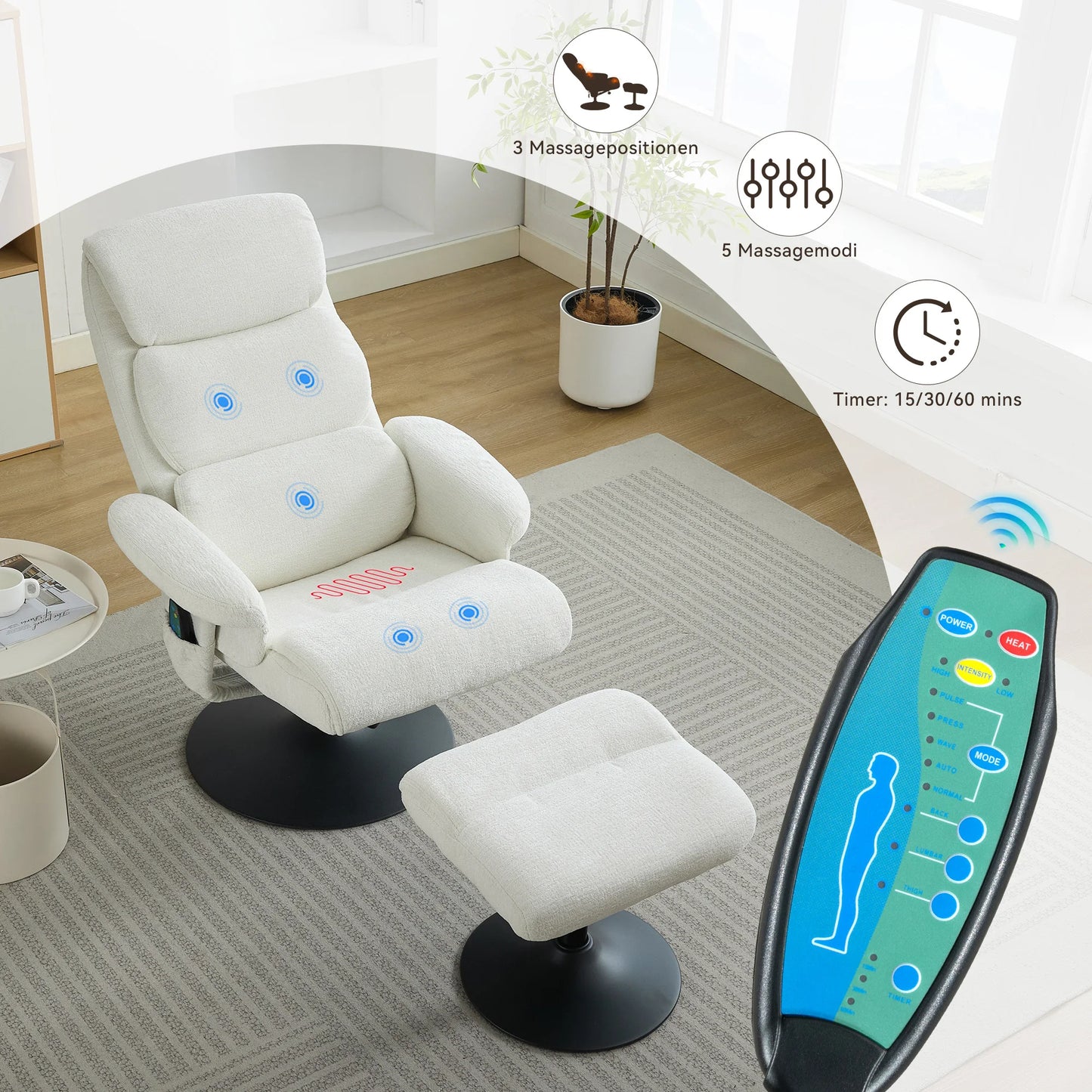 Massagestoel – Relaxfauteuil – TV-stoel – Massagefauteuil – Massagekussen – 5-Punts Massage – Elektrische Verwarming – 360° Draaibaar – Chenille Stof – Verstelbare Rugleuning 140° – Inclusief Voetenbank
