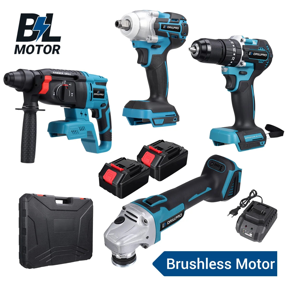 Drillpro 4pcs Power Tool Set 800N.m Electric Wrench 125mm Angle Grinder Brushless Electric Hammer 10mm Drill w/ 2 Battery - QUORE