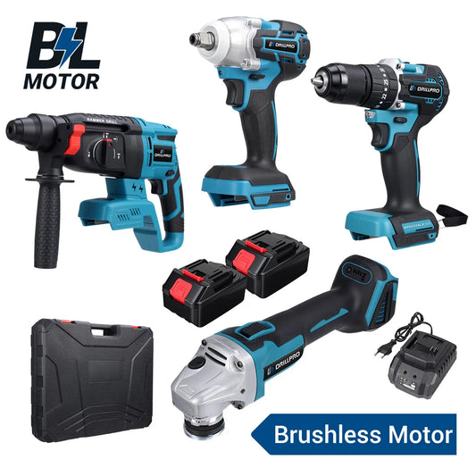 Drillpro 4pcs Power Tool Set 800N.m Electric Wrench 125mm Angle Grinder Brushless Electric Hammer 10mm Drill w/ 2 Battery - QUORE