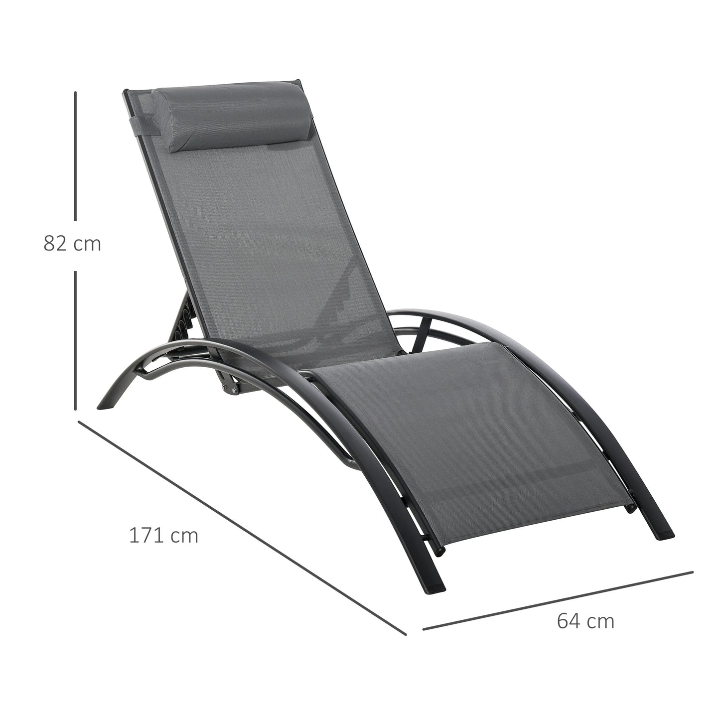 Verstelbare Lounger met Rugleuning en Afneembare Hoofdkussen - Tuinstoel voor Terras, Balkon en Zwembad - Grijze Aluminium Stoel - QUORE