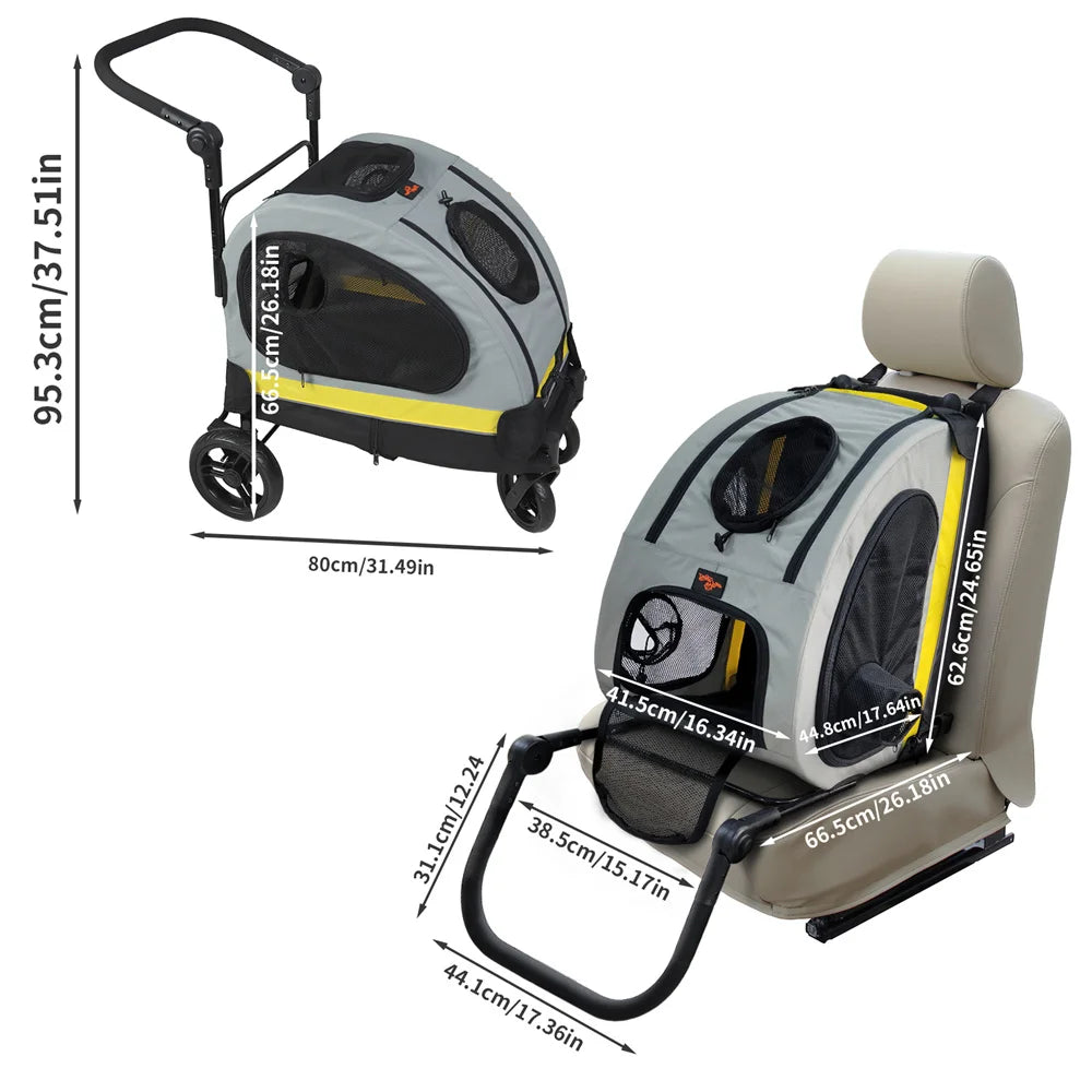 2-in-1 Hondenbuggy en Autostoel - Lichtgewicht & Sterk - Ademend Design - 4 Wielen - 20KG Capaciteit - Geel