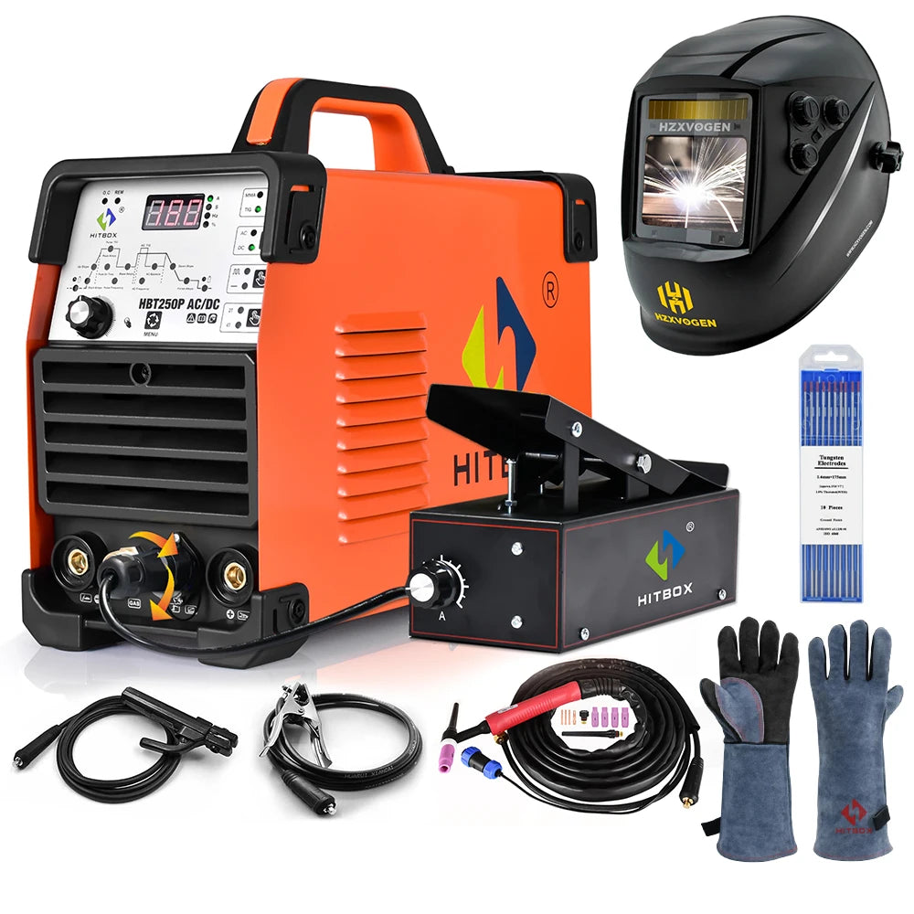 HitBox - HBT250P - Elektrisch lasapparaat - 3 in 1 - Aluminium Tig-lasmachine - ARC-kracht 2T-4T - met voetpedaal - Oranje
