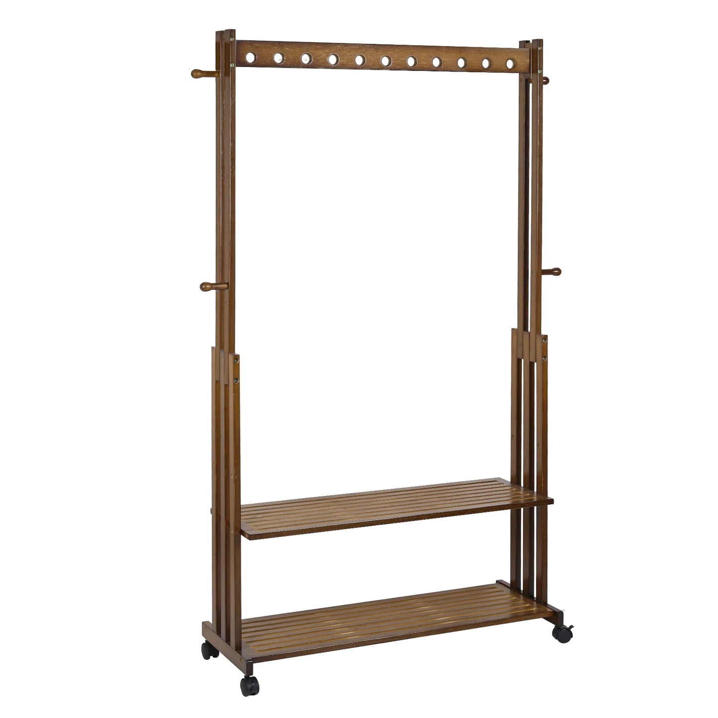 Bamboe Kledingrek - Kledingstandaard - Met-Wielen-Plank-Coatstand - Schoenenrek - Hout - Walnootkleur